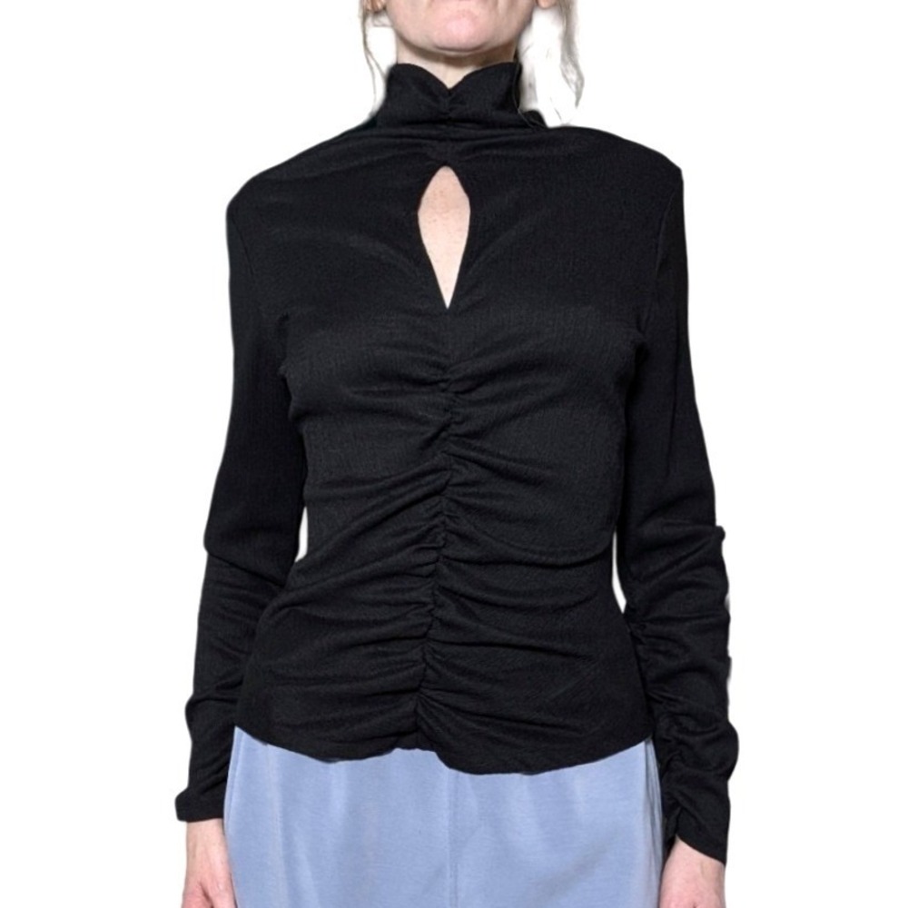 Marc New York Black Ruched Peekaboo Keyhole Top Mock Neck Long Sleeve Size S